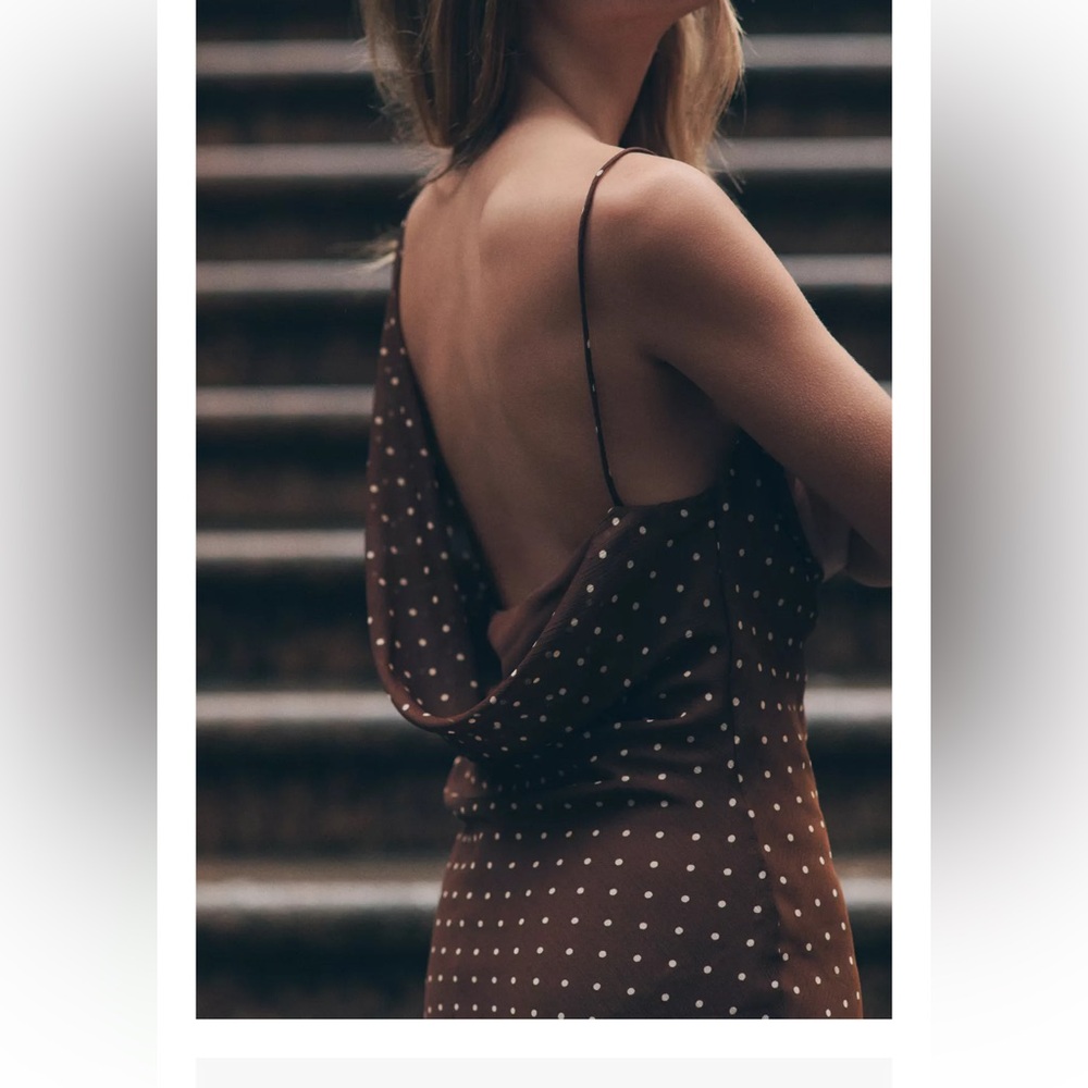 Zara NWT brown polka dot asymmetrical cowl draped detail midi maxi dress - Picture 7 of 9